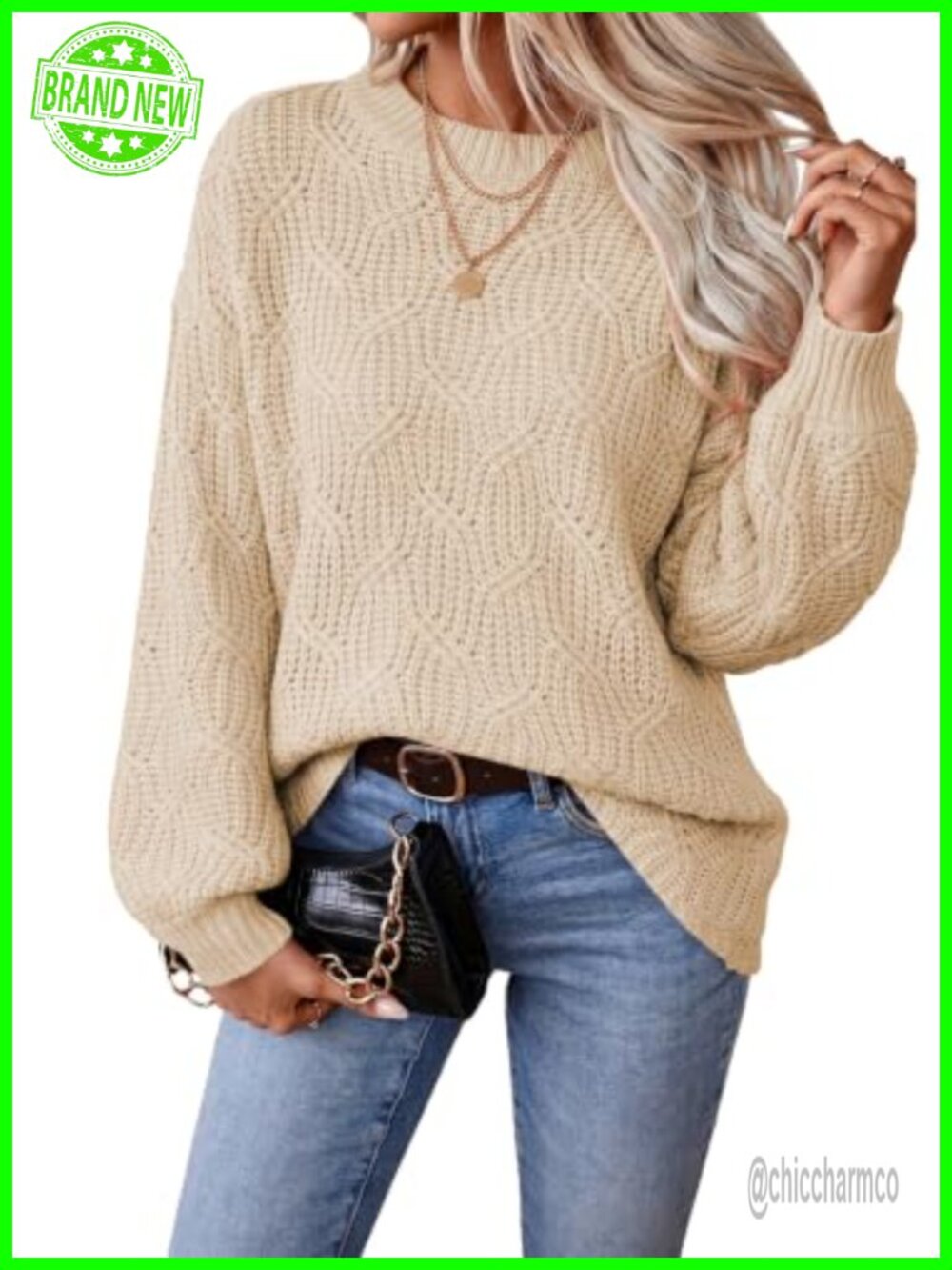 Acrylic Cable Knit Sweater Long Sleeve Crewneck Pullover